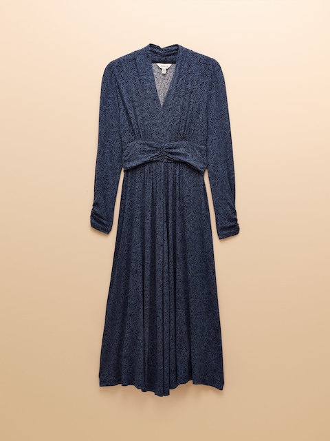joules Mina Blue Jersey Ruched Waist Long Sleeve V-Neck Midi Dress