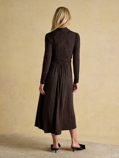 Joules Mina Brown Jersey Ruched Waist Long Sleeve V-Neck Midi Dress