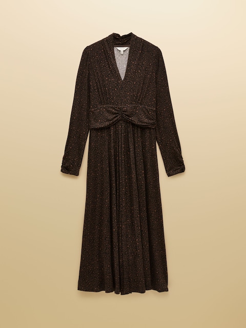joules Mina Brown Jersey Ruched Waist Long Sleeve V-Neck Midi Dress