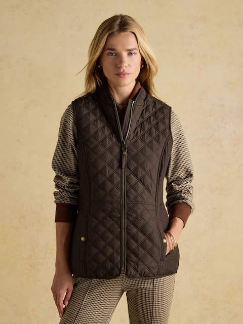 Joules Minx Brown Showerproof Diamond Quilted Gilet With Adjustable Waist