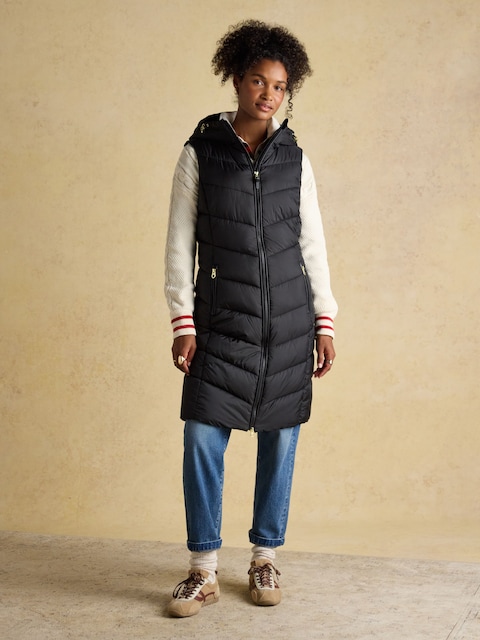 Joules Moorsdale Black Longline Showerproof Padded Gilet With Hood