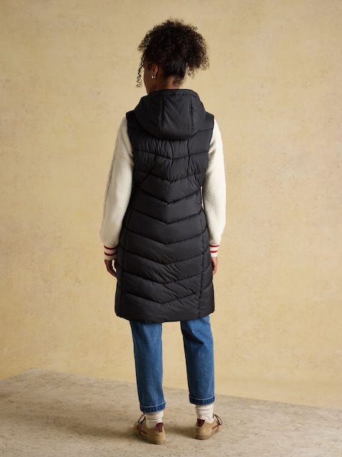 Joules Moorsdale Black Longline Showerproof Padded Gilet With Hood