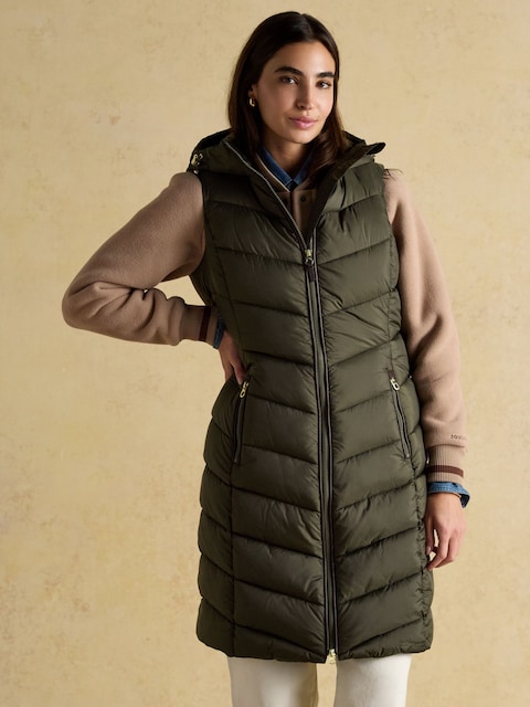 Joules Moorsdale Green Longline Showerproof Padded Gilet With Hood