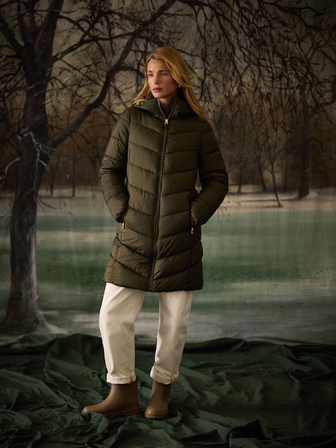 Joules Moorsdale Khaki Green Mid Length Showerproof Padded Coat With Hood