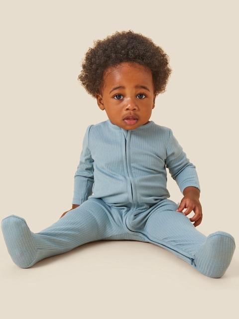 Joules MORI Blue MORI Ribbed Stretch Supersoft 2 Way Zip Sleepsuit