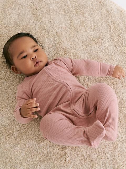 Joules MORI Rose Pink MORI Ribbed Stretch Supersoft 2 Way Zip Sleepsuit