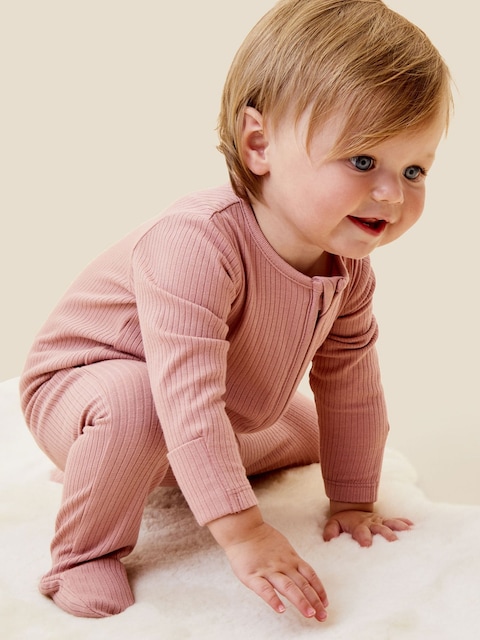 Joules MORI Rose Pink MORI Ribbed Stretch Supersoft 2 Way Zip Sleepsuit