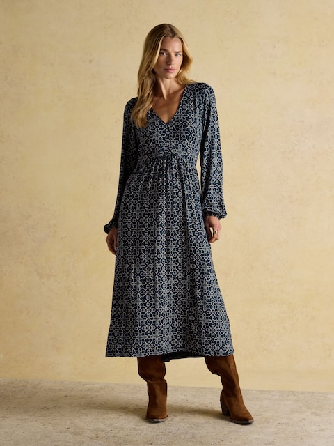 Joules Nia Navy Bridal Print Long Sleeve V-Neck Midaxi Dress