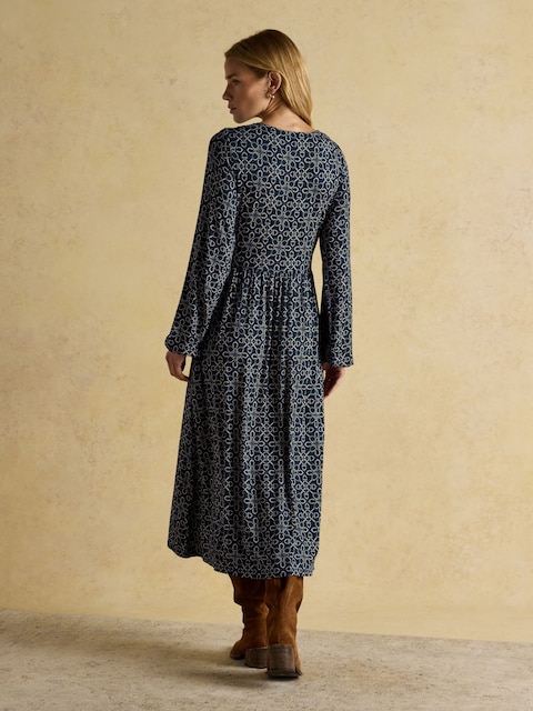 Joules Nia Navy Bridal Print Long Sleeve V-Neck Midaxi Dress