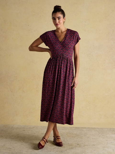 Joules Nia Red Floral Short Sleeve V-Neck Midaxi Dress