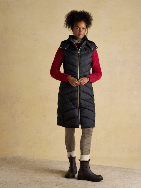 Joules Pembury Black Longline Showerproof Padded Gilet With Hood