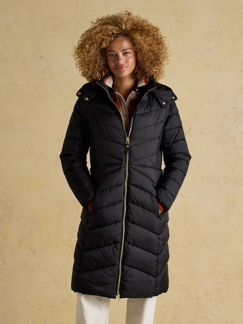 Joules Pembury Black Showerproof Longline Padded Coat With Hood