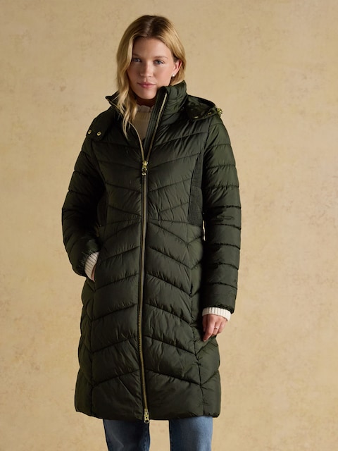 Joules Pembury Khaki Green Showerproof Longline Padded Coat With Hood
