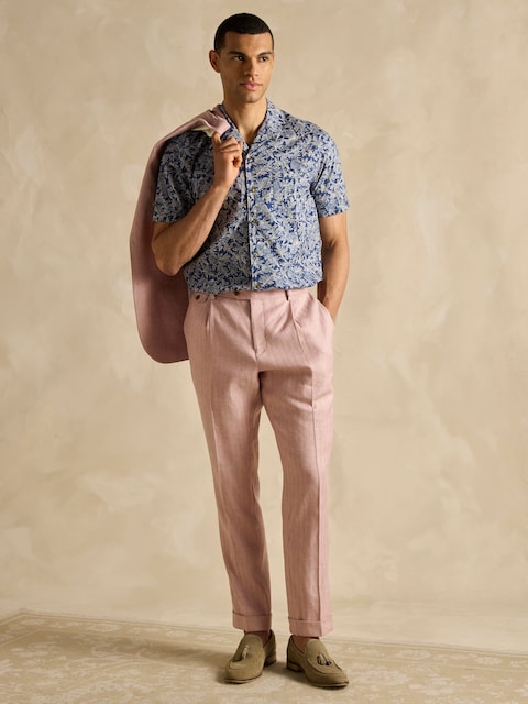 Joules Pink Slim Fit Linen Herringbone Suit Trousers