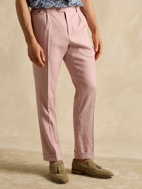 Joules Pink Slim Fit Linen Herringbone Suit Trousers