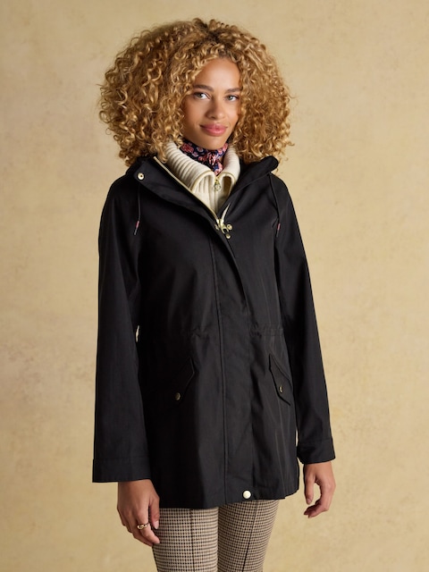 Joules Portwell Black Waterproof Raincoat With Hood And Adjustable Waist
