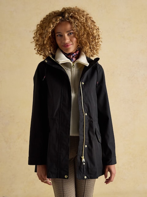 joules Portwell Black Waterproof Raincoat With Hood and Adjustable Waist