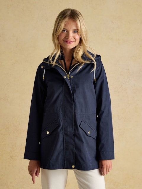 Joules Portwell Navy Blue Waterproof Raincoat With Hood And Adjustable Waist