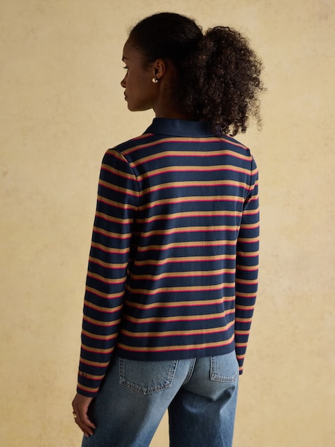 Joules Premium Ribbed Navy Tan Pink Button Through Jersey Cardigan