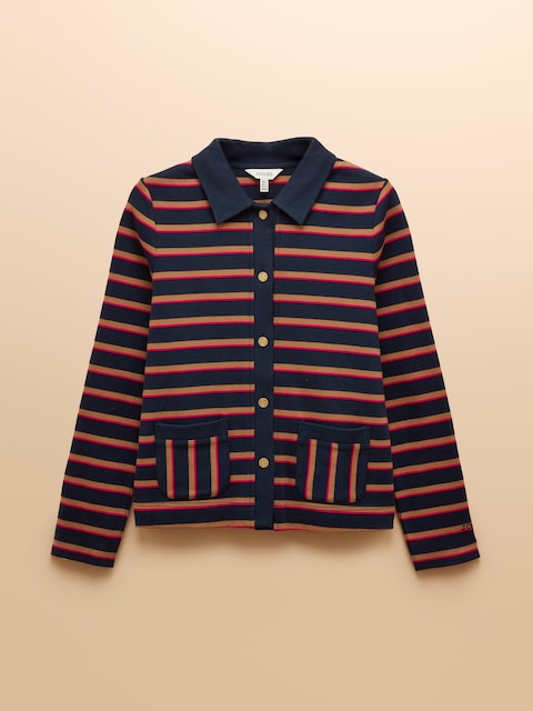joules Premium Ribbed Navy Tan Pink Button Through Jersey Cardigan