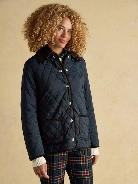 Joules Quinn Navy Blue Showerproof Diamond Quilted Coat