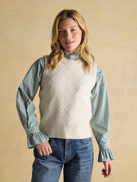 Joules Reid Cream Textured Knitted Vest With Crew Neck