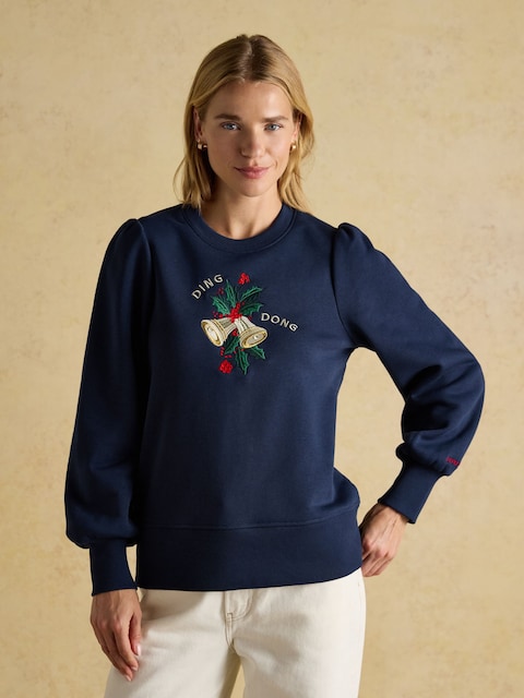 Joules Robyn Navy Festive Embroidered Cotton Rich Sweat