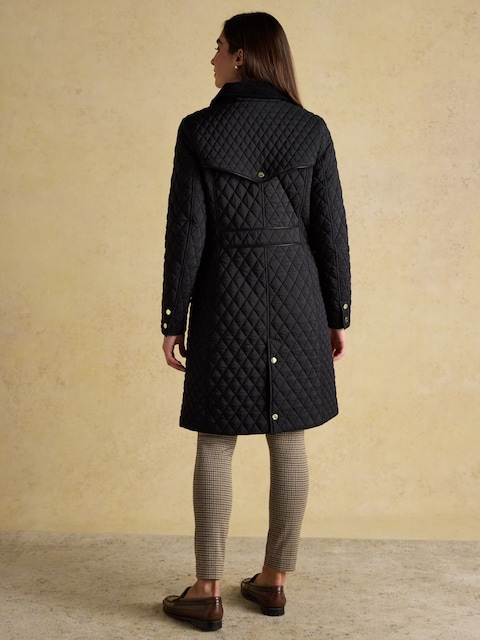 Joules Rosewell Black Longline Diamond Quilted Showerproof Coat With Collar