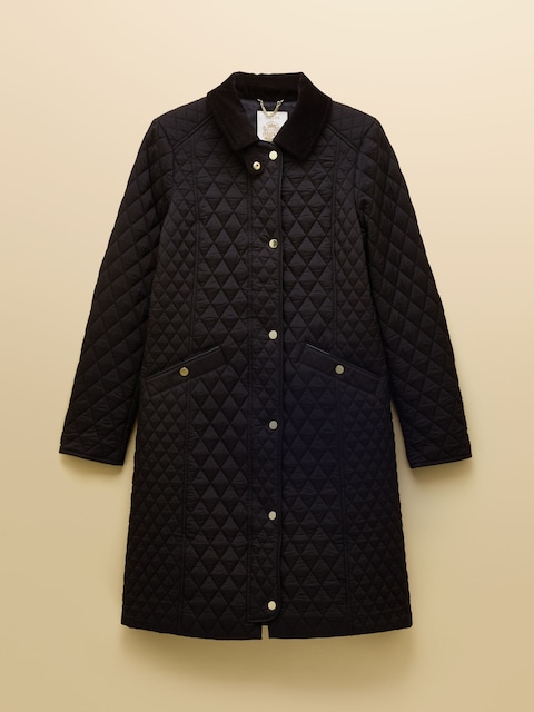 joules Rosewell Black Longline Diamond Quilted Showerproof Coat with Collar