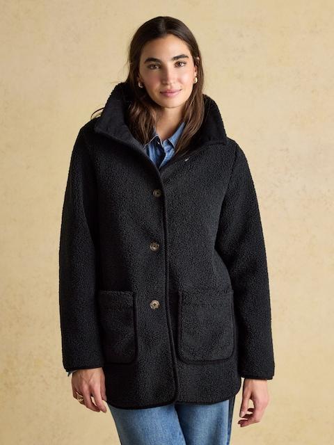 Joules Sadie Black Longline Fleece Jacket With Button Fastening