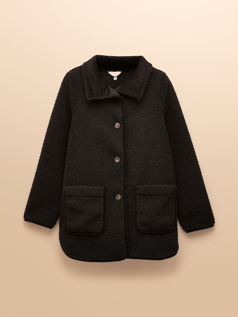 joules Sadie Black Longline Fleece Jacket with Button Fastening