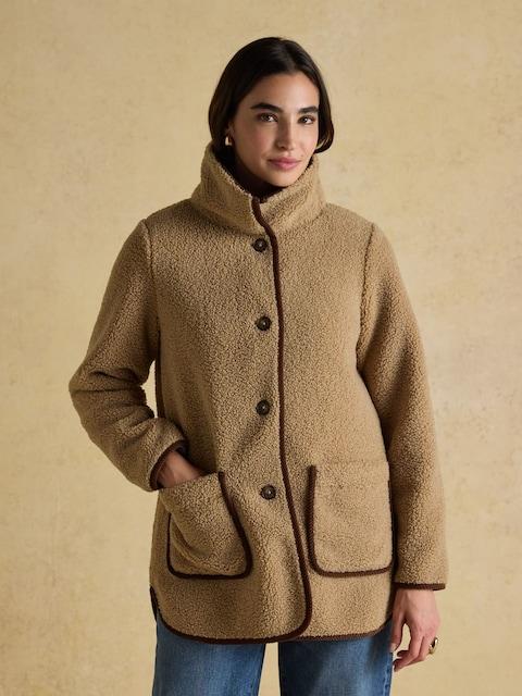 Joules Sadie Taupe Longline Fleece Jacket With Button Fastening