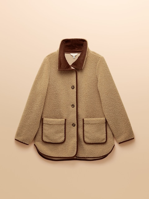 joules Sadie Taupe Longline Fleece Jacket with Button Fastening