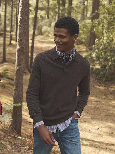 Joules Sampson Lambswool Brown Long Sleeve Knitted Polo Shirt