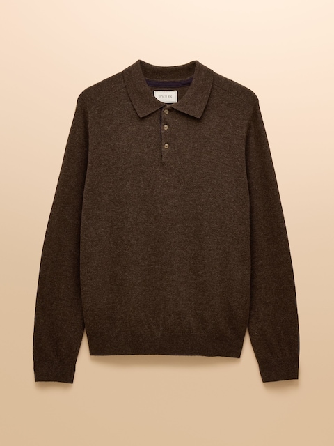 joules Sampson Lambswool Brown Long Sleeve Knitted Polo Shirt