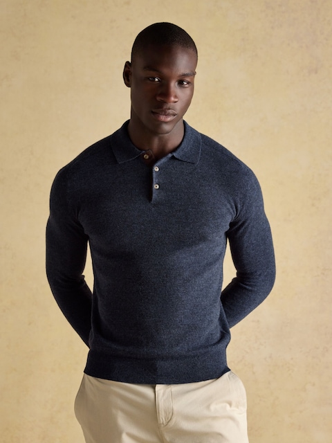 Joules Sampson Lambswool Navy Long Sleeve Knitted Polo Shirt