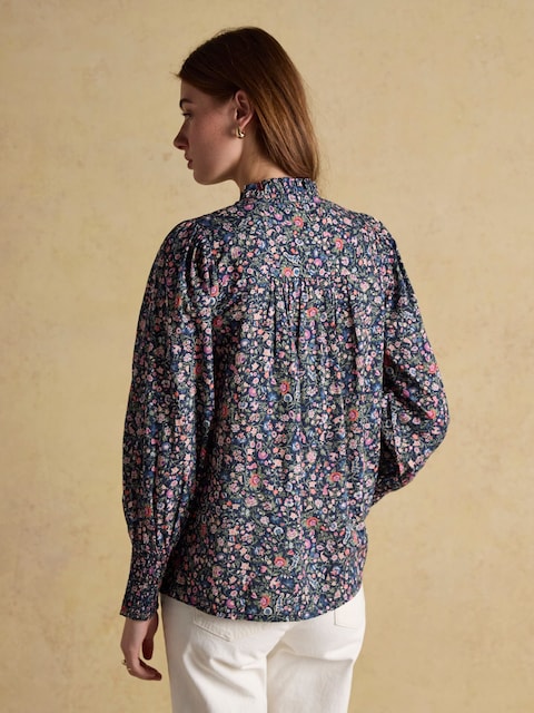 Joules Silvia Multi Long Sleeved Frill Neck Smocked Blouse