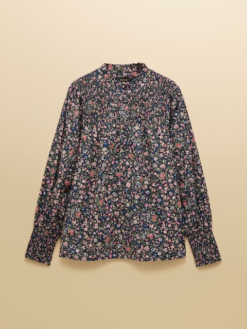 joules Silvia Multi Long Sleeved Frill Neck Smocked Blouse