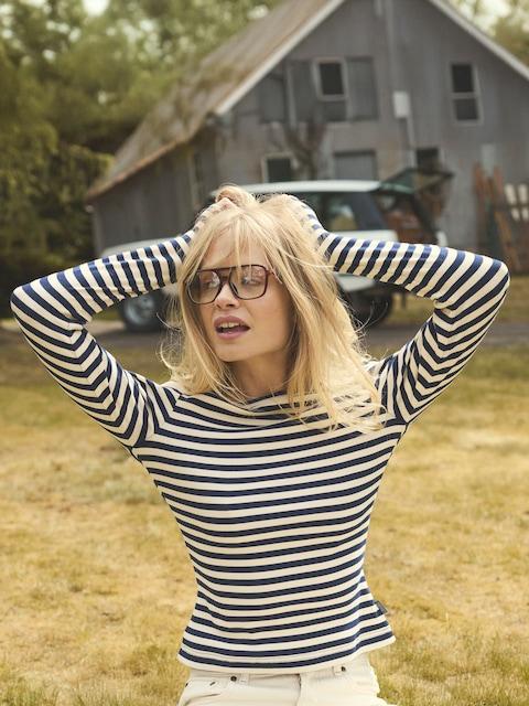 Joules Sophie Navy/Sand Long Sleeve Striped Ribbed Fitted Top