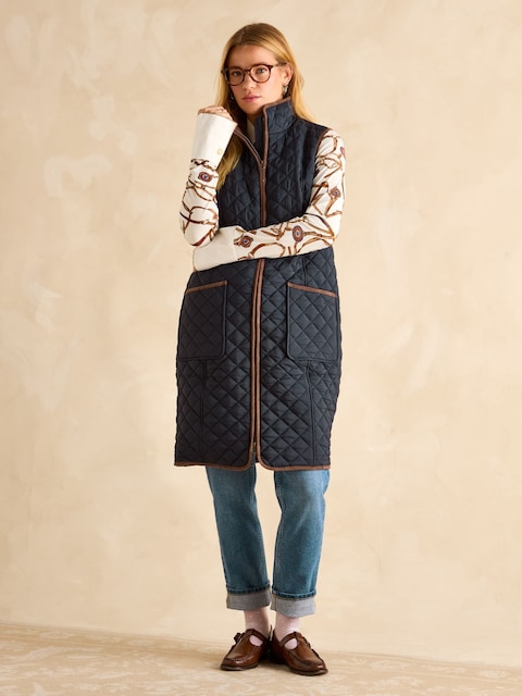 Joules Sutton Navy Blue Showerproof Longline Diamond Quilted Gilet