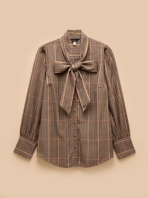 joules Tabby Brown Check Tie Neck Long Sleeve Blouse with Button Fastening