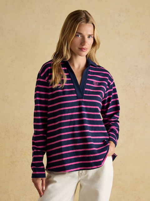 Joules Tallie Navy/Pink Combed Cotton Slub Collared Top