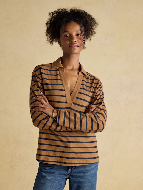 Joules Tallie Tan/Navy Combed Cotton Slub Collared Top