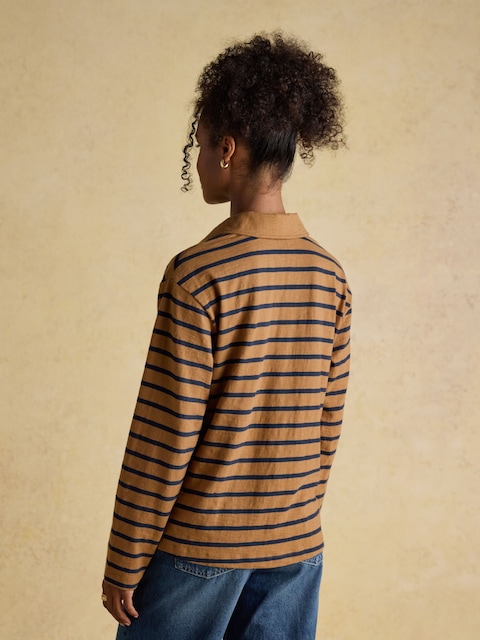 Joules Tallie Tan/Navy Combed Cotton Slub Collared Top