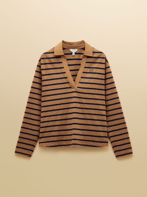 joules Tallie Tan/Navy Combed Cotton Slub Collared Top