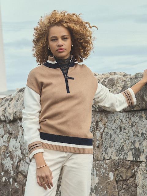 Joules Varsity Brown/Cream Colourblock Quarter Zip Cotton Jumper