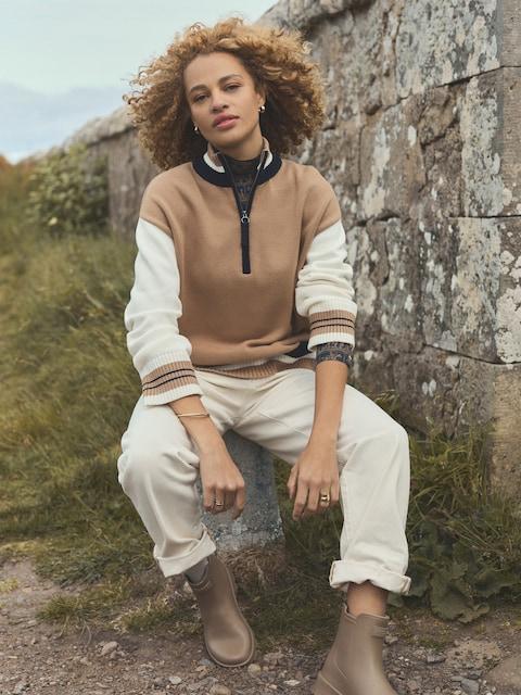 Joules Varsity Brown/Cream Colourblock Quarter Zip Cotton Jumper