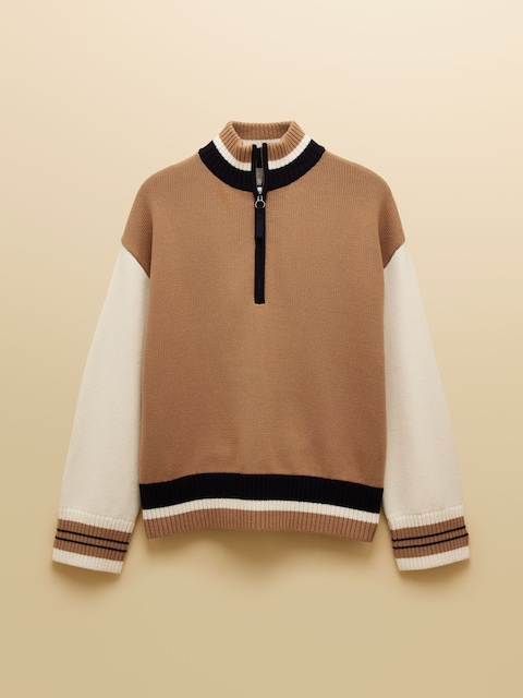 joules Varsity Brown/Cream Colourblock Quarter Zip Cotton Jumper