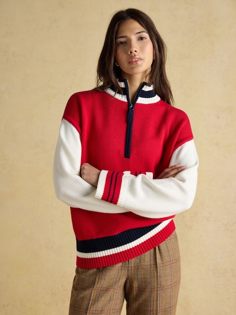 Joules Varsity Red/Cream Colourblock Quarter Zip Cotton Jumper