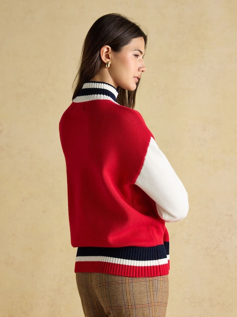 Joules Varsity Red/Cream Colourblock Quarter Zip Cotton Jumper